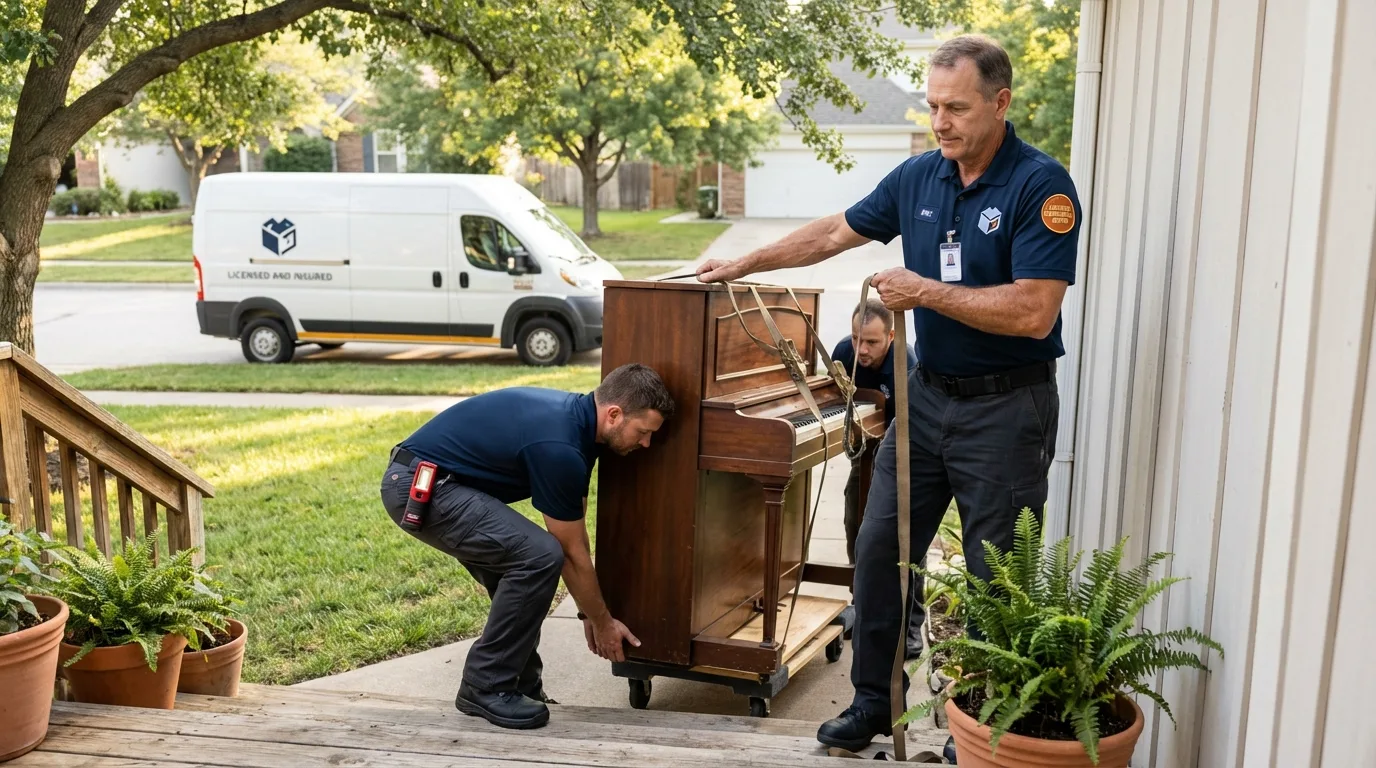 Licensed piano movers securing grand piano in Brimfield, MA