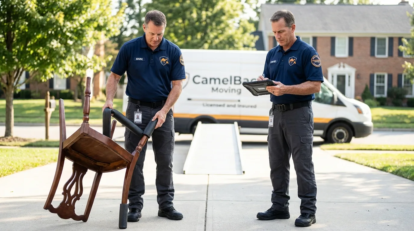 Movers inspecting furniture for damage prevention before loading in Brimfield, MA
