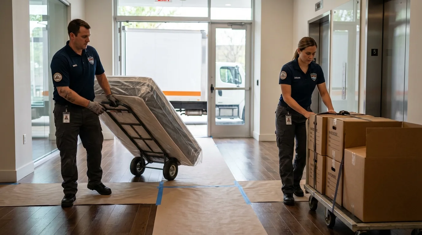 Professional apartment movers loading elevator in Brimfield, MA