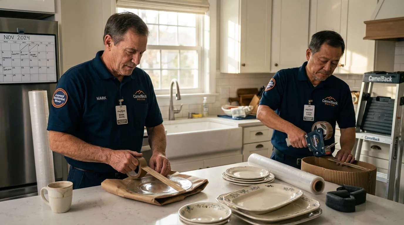 Professional crew packing kitchen dishware in Brimfield, MA